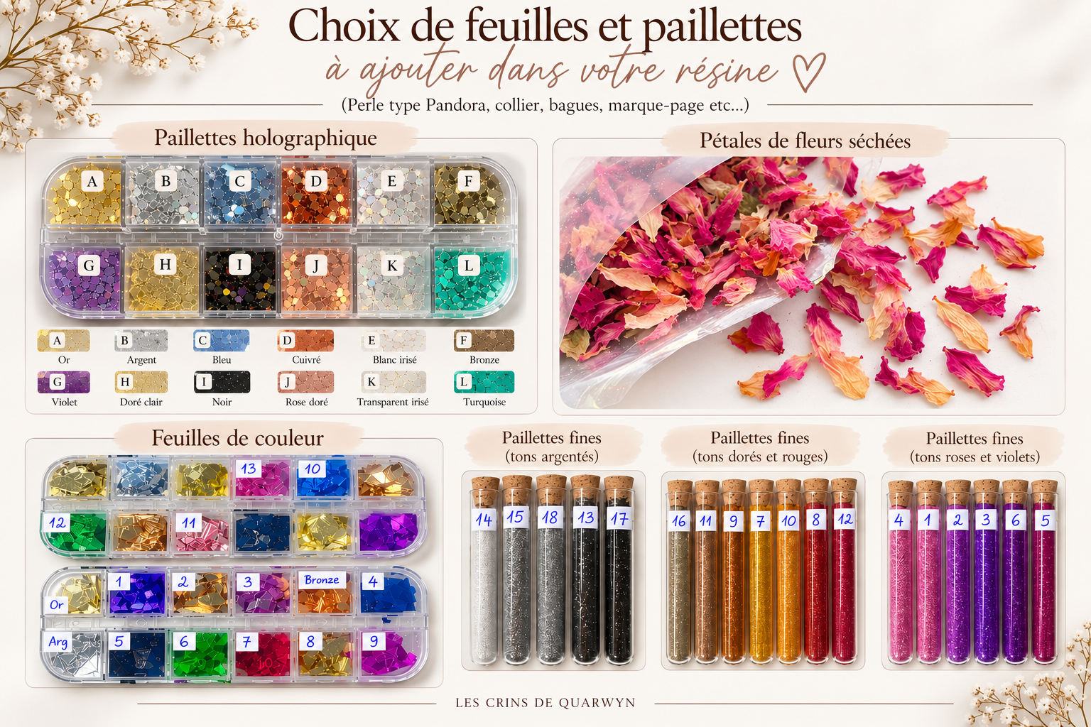 Choix de feuilles et paillettes à ajouter dans votre résine