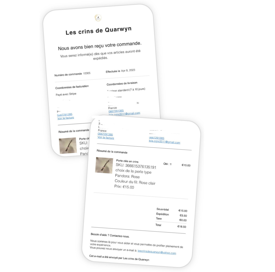 Exemples des mails de confirmation reçus après une commande