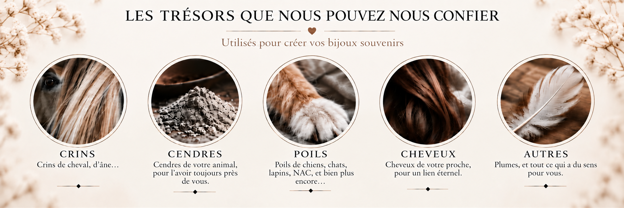 Les trésors que vous pouvez nous confier : crins, cendres, poils, cheveux et autres